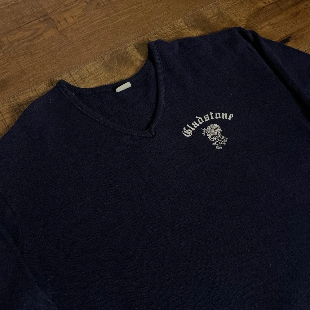 Champion V-Neck Sweater Mens XL Navy Blue Retro Preppy 70s Gladstone Blue Bar